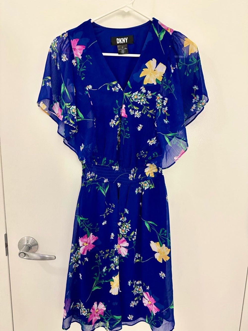 DKNY Royal Blue Floral Chiffon Dress with Yellow & Pink Blooms
